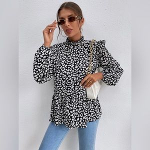 Leopard Bishop Sleeve Ruffle Hem Blouse